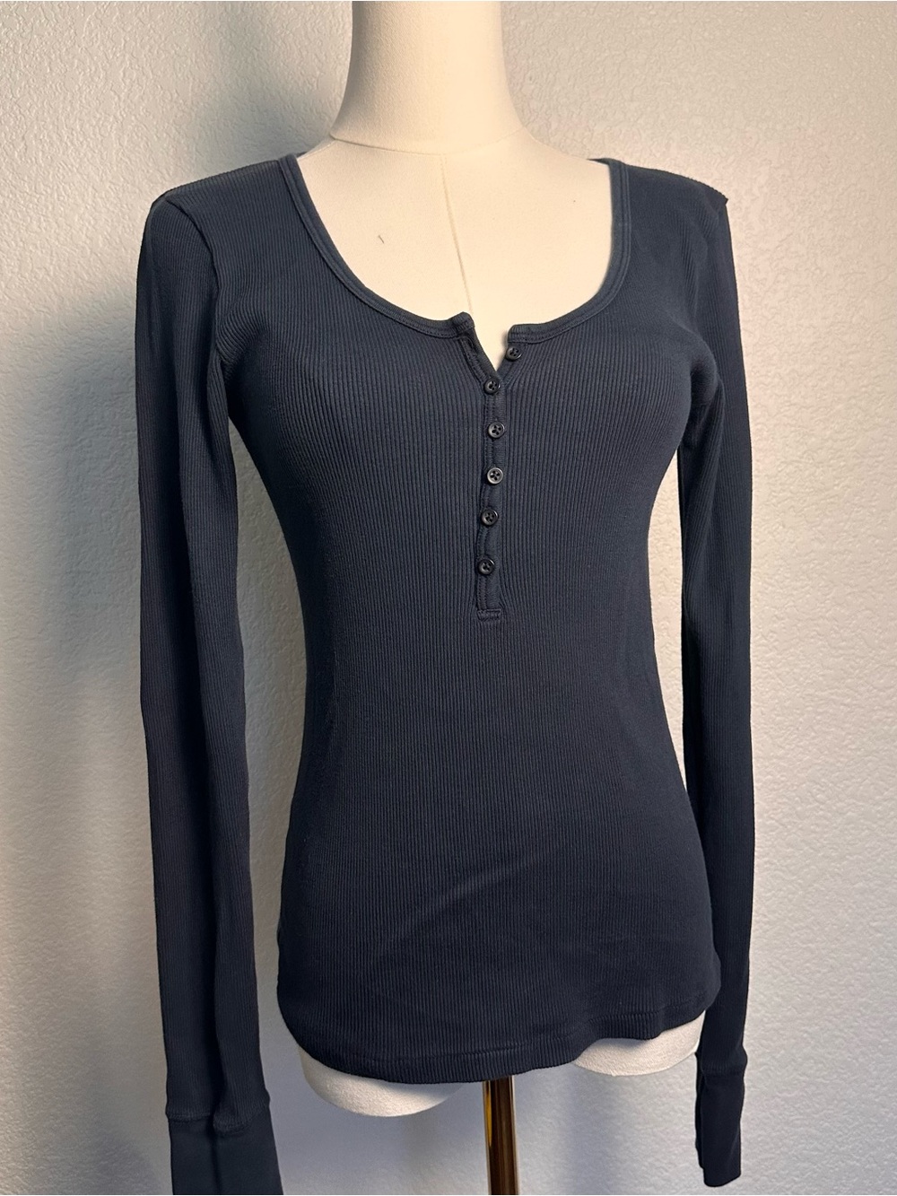 Brandy Melville Navy Ribbed Long-Sleeve Henley